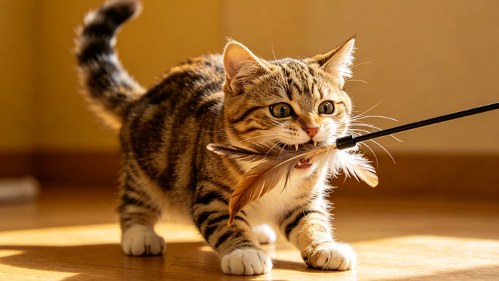 cat biting wand toy intensely