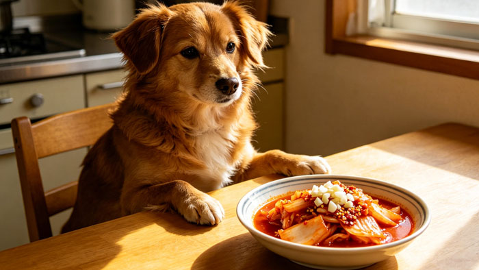dog sitting near a bowl of sauerkraut on a kitchen counter