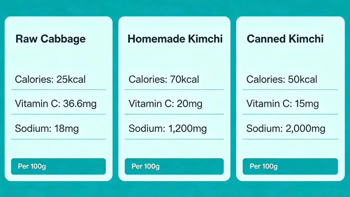 nutrition comparison chart raw cabbage vs homemade sauerkraut vs canned sauerkraut per 100g