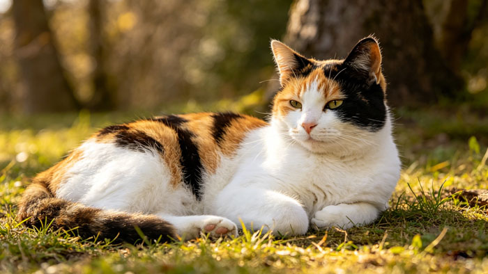 adult female tortoiseshell cat lying down, female cat guide