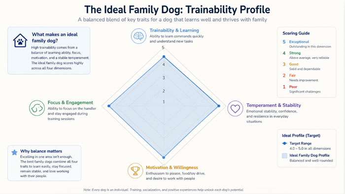 trainability radar chart showing biddability, motivation, stability and energy fit for family dogs