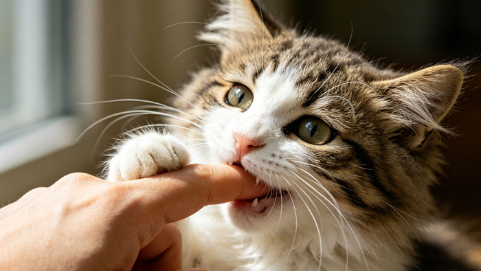 cat biting owner's hand gently