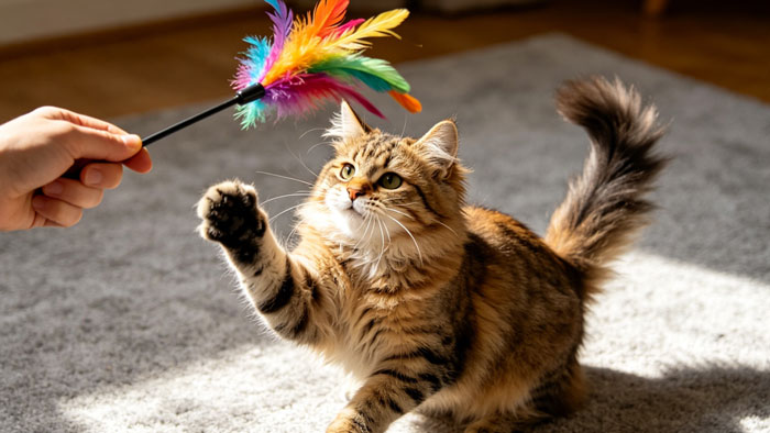 owner playing with cat using wand toy
