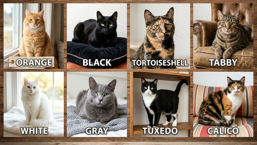 eight cats of different coat colors including orange, black, tortoiseshell, tabby, white, gray, tuxedo, and calico