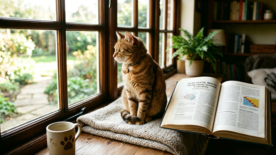 cat sitting by window looking calm, illustrating feline mental health article