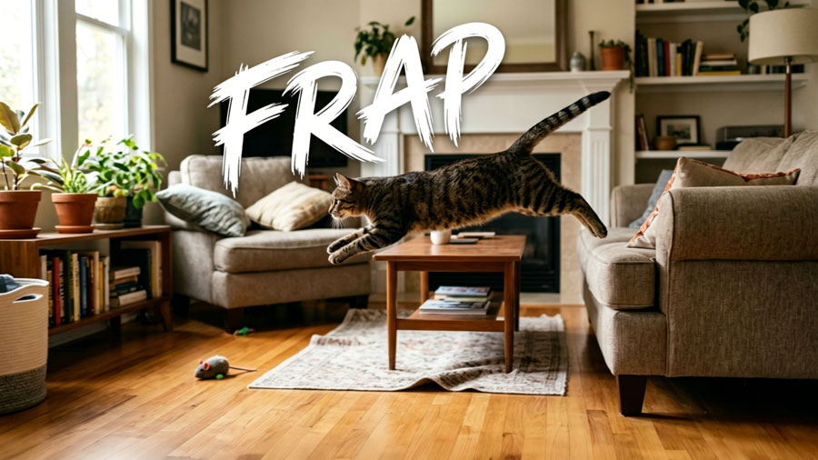 cat running wildly through living room during frenetic random activity period