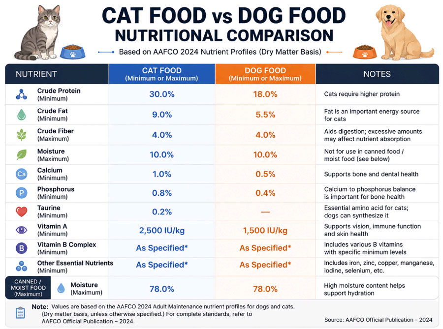 comparison table of cat food vs dog food nutritional requirements per AAFCO 2024 standards