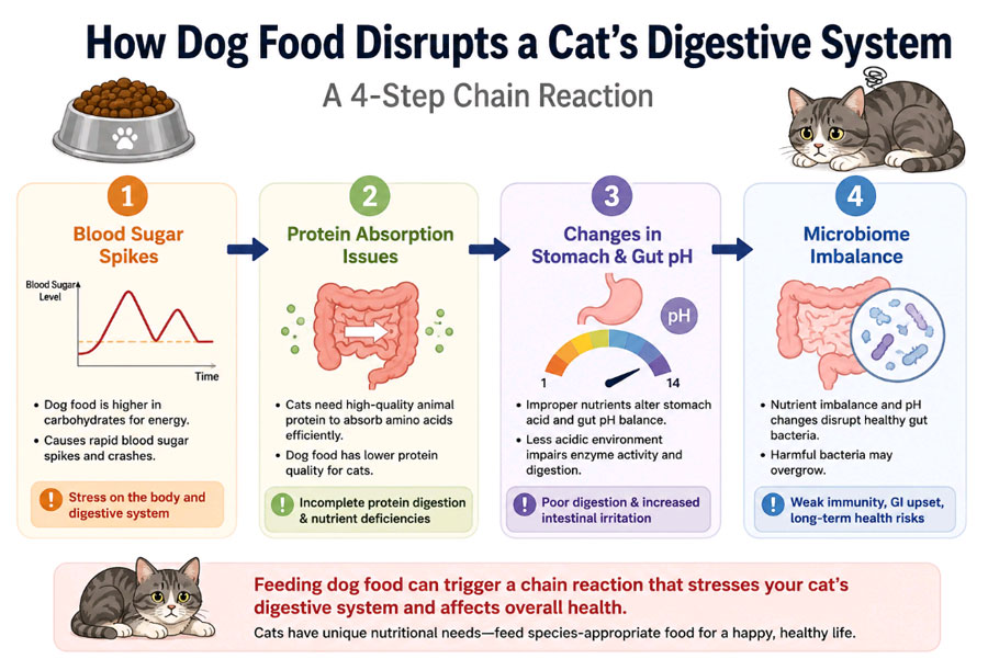 diagram showing how dog food disrupts cat digestion through blood sugar spikes, protein absorption issues, pH changes, and microbiome imbalance