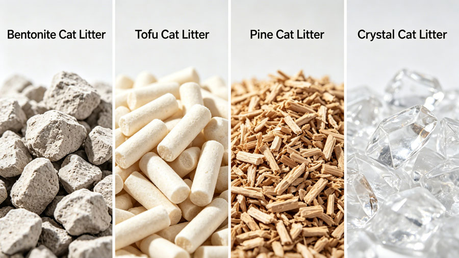 different types of cat litter including clay, silica gel, and tofu litter compared side by side