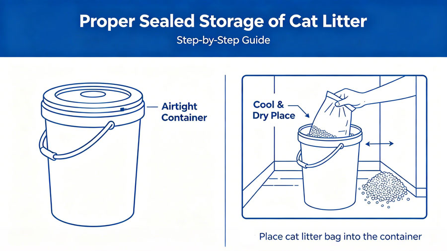 airtight container for storing cat litter in a cool dry location