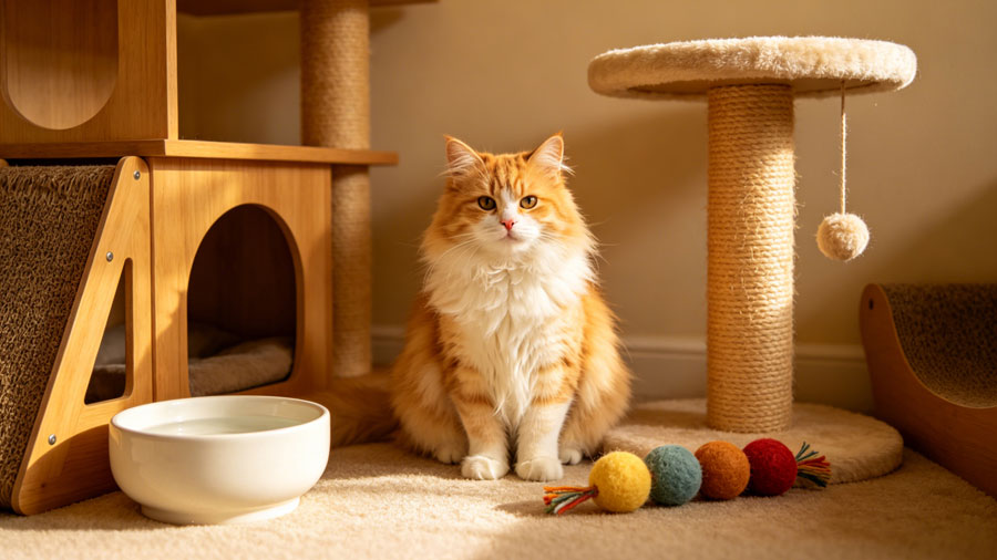cat sitting next to essential cat supplies including litter box, water bowl, and scratching post