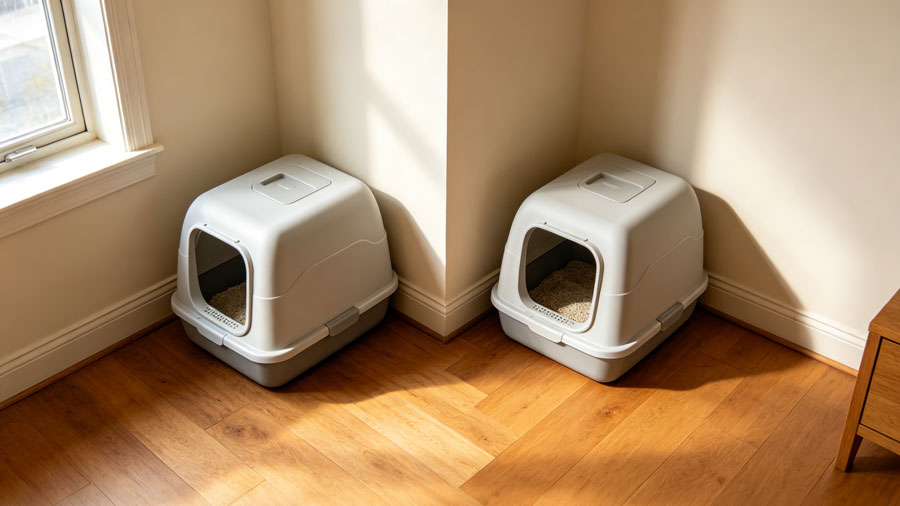 two litter boxes placed in separate corners of a home for a single cat household