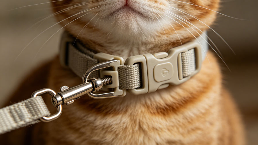 cat wearing a breakaway safety collar with quick-release buckle closeup