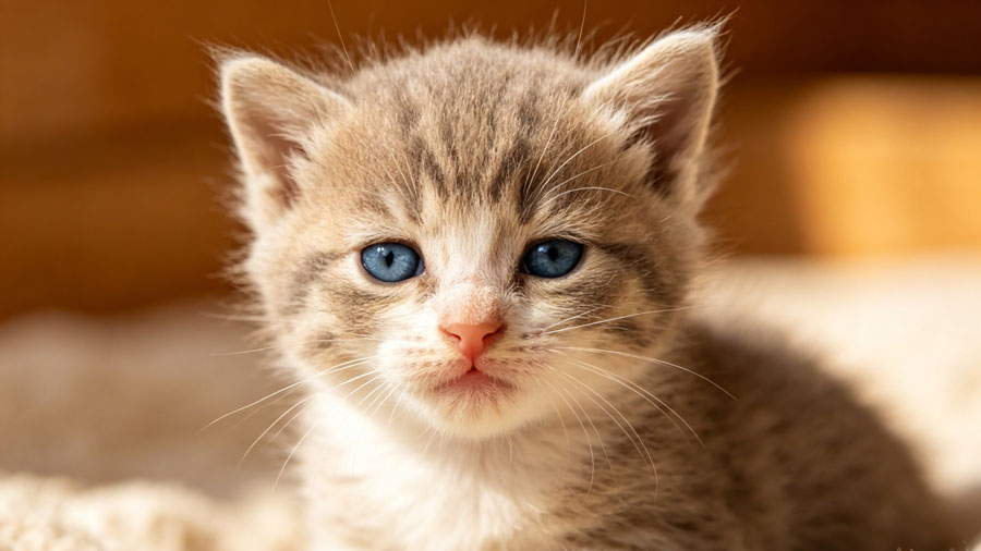 newborn kitten opening blue eyes for the first time at two weeks old