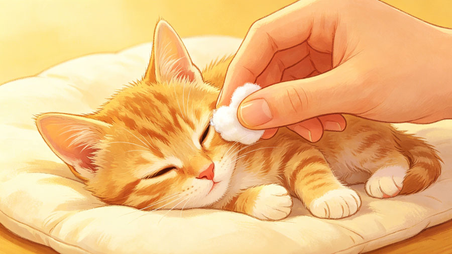 person gently cleaning orphan kitten eye with cotton ball and saline