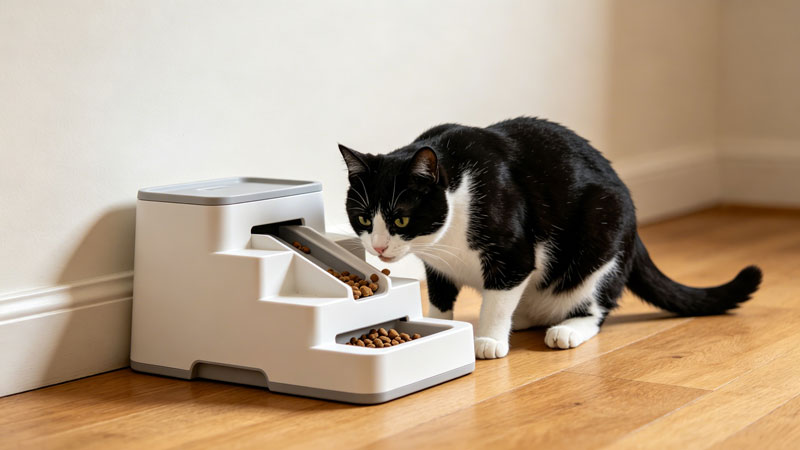 Cat eating from a puzzle feeder