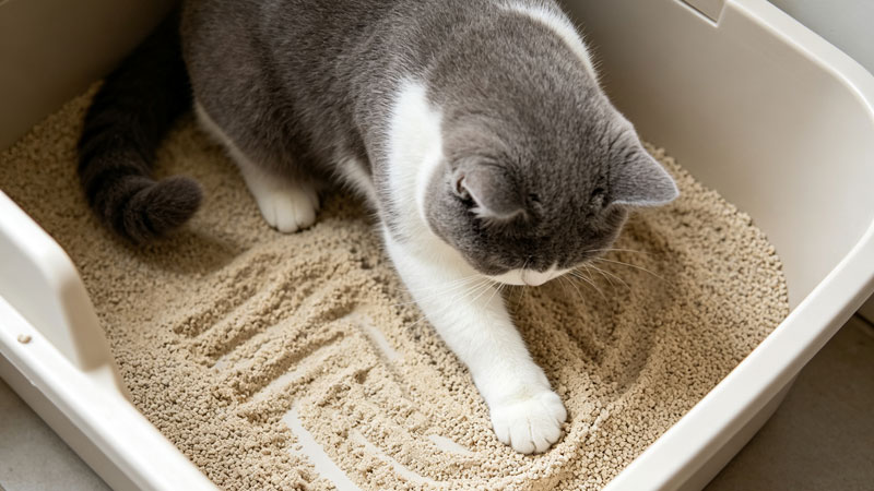Cat digging in litter box with proper 3-inch litter depth