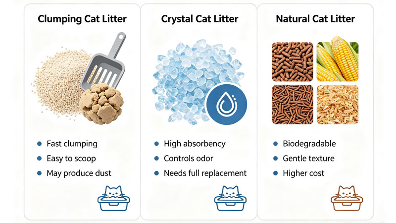 Comparison of clumping, crystal, and natural cat litter types