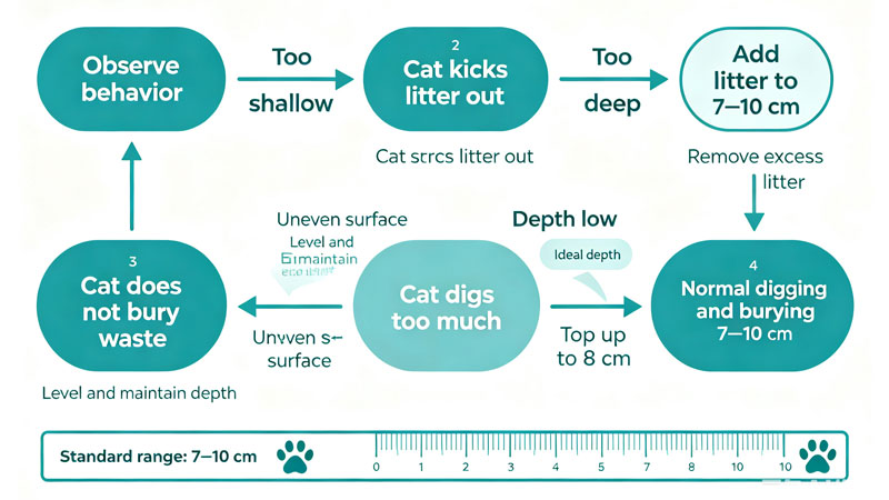 Diagnostic flowchart for adjusting cat litter box depth based on cat behavior