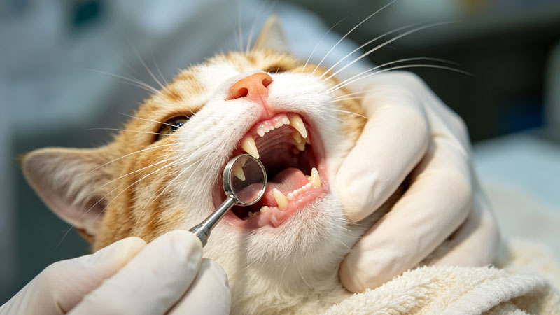 Veterinarian examining cat's teeth and gums during oral exam