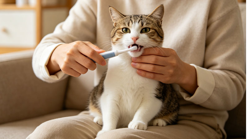  Cat owner brushing cat's teeth with a small pet toothbrush