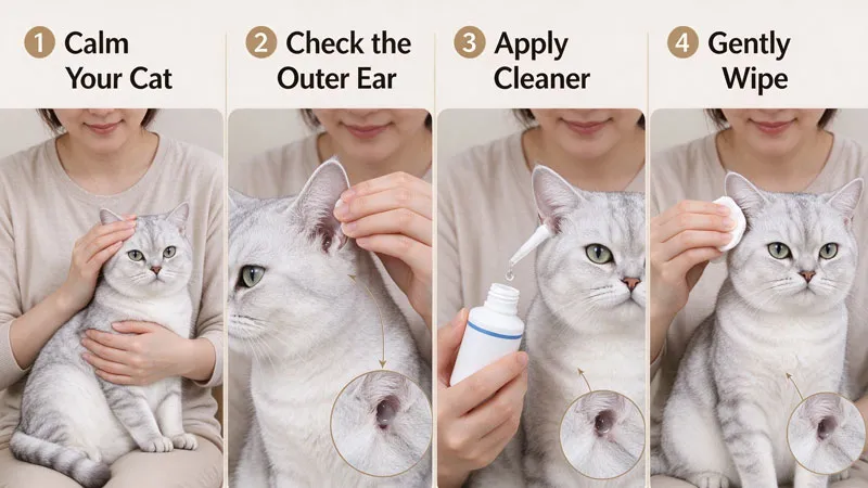 Step-by-step illustration of safe cat ear cleaning technique