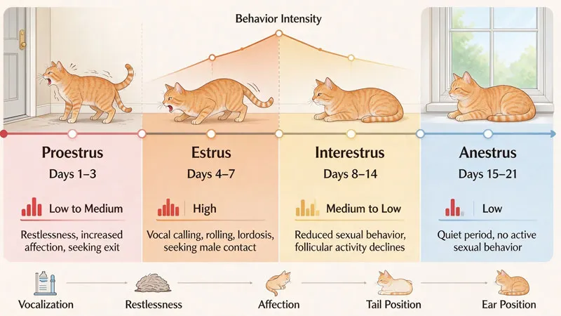 cat heat cycle timeline showing proestrus estrus interestrus anestrus