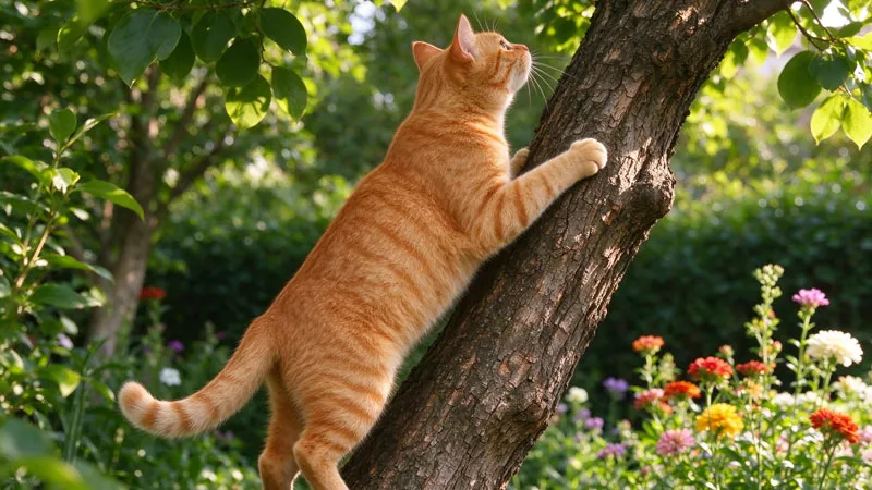 cat climbing up a garden tree trunk