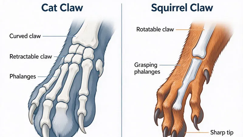 diagram comparing cat claw curve versus squirrel claw rotation