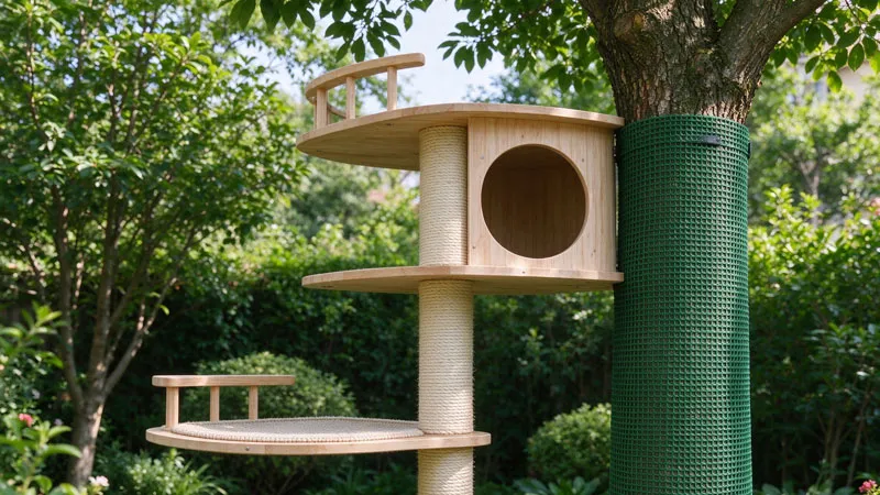 outdoor cat tree next to a tree trunk guard