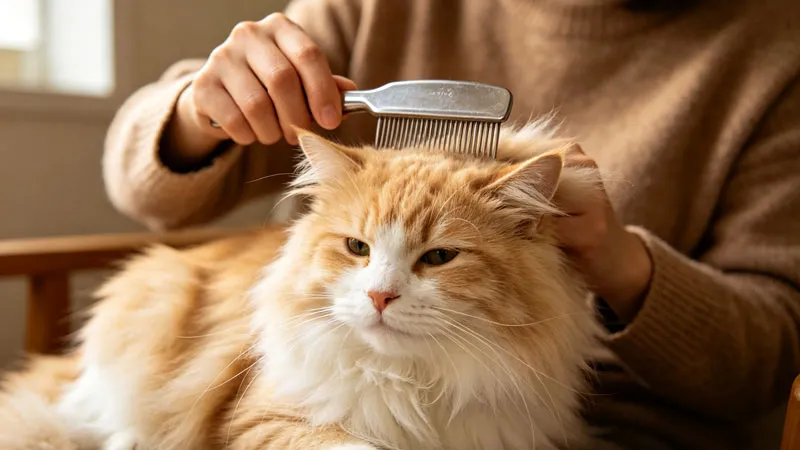metal comb grooming long-haired cat to reduce static