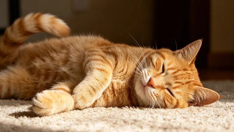 cat lying down purring with tail flicking