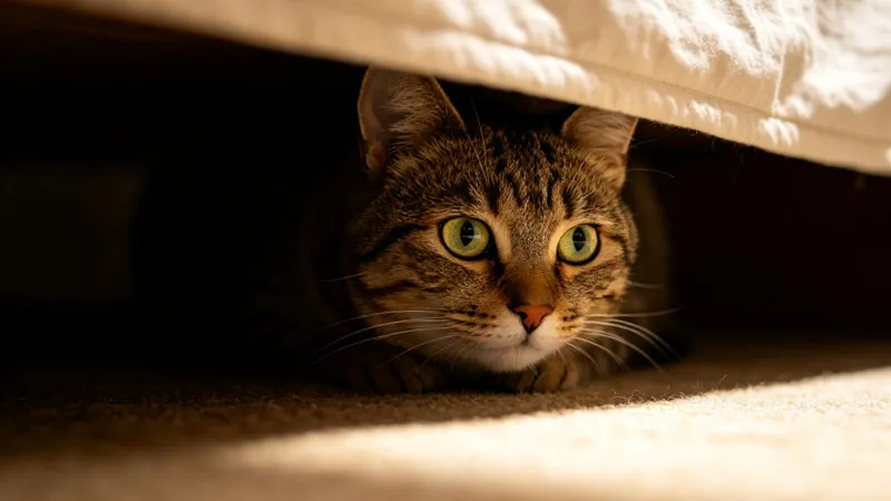 cat peeking out from under bed showing eyes in dark space
