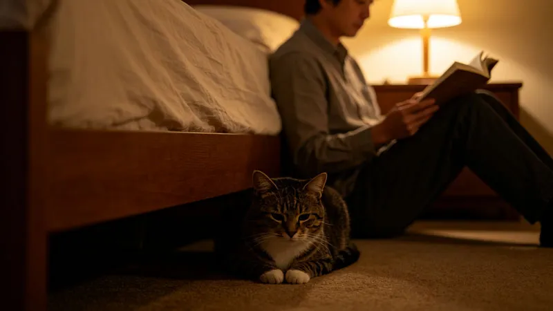 cat owner sitting quietly near bed using the ignore technique