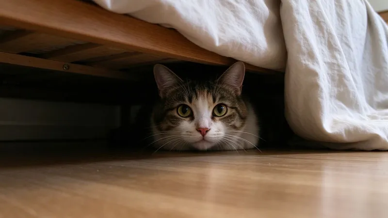 cat peeking out from under bed while hiding