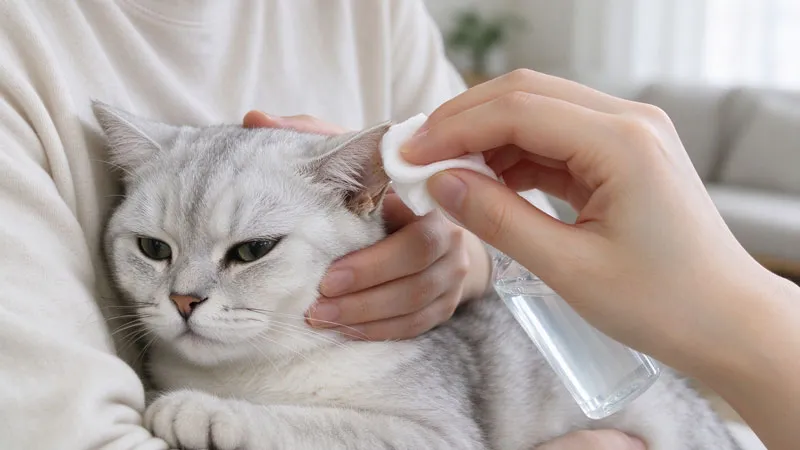 Owner cleaning cat's ear with cotton pad and vet-approved solution