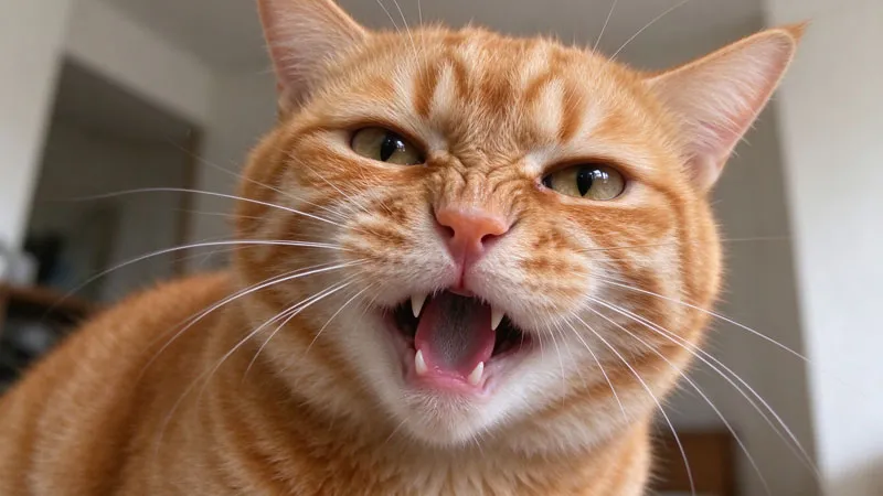 Orange tabby cat sneezing close-up