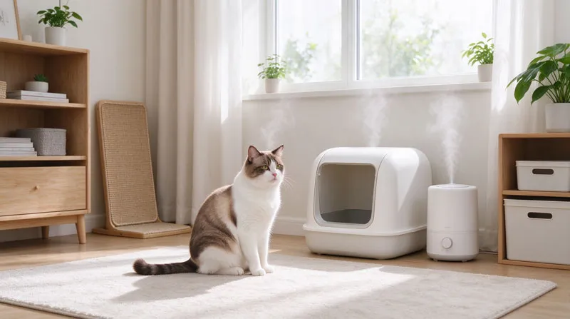 Clean cat-friendly home with humidifier and litter box