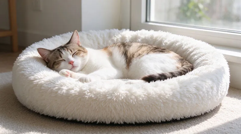 cat sleeping on a freshly washed cat bed