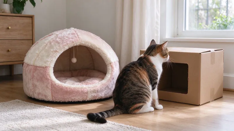 cat ignoring new cat bed and choosing cardboard box instead