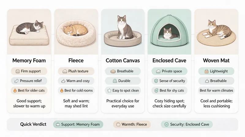 comparison of cat bed materials including memory foam, fleece, and enclosed styles