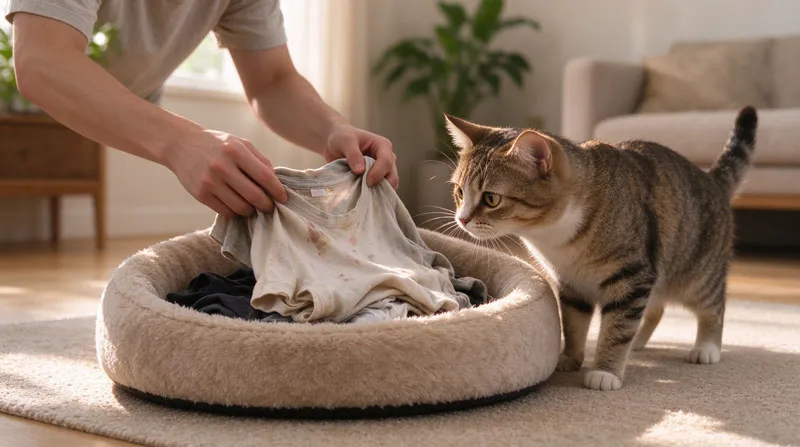 cat sniffing owner's worn shirt placed inside new cat bed